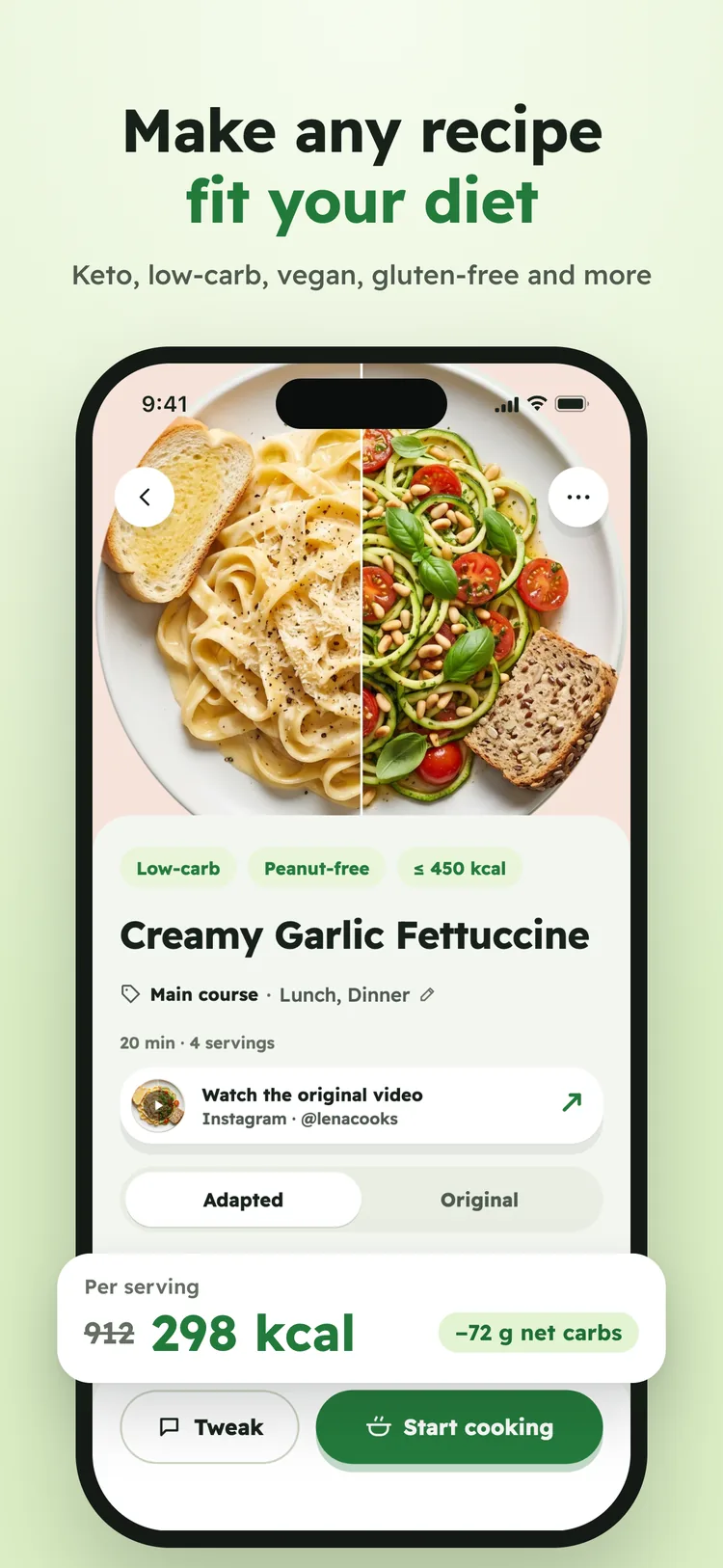 Make any recipe fit your diet: a creamy garlic fettuccine adapted to low-carb, with calories and net carbs per serving