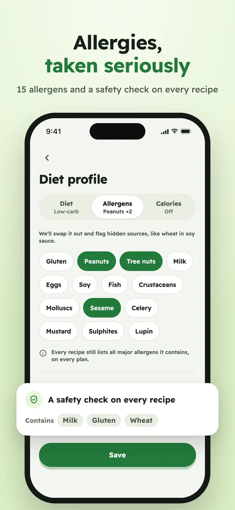 Allergies, taken seriously: 15 allergens and a safety check on every recipe