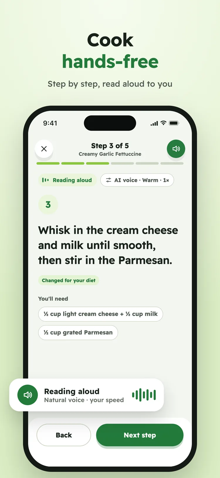Cook hands-free: Cook mode shows one step at a time and reads it aloud